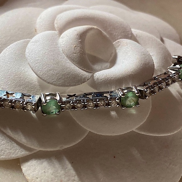 7.75 Green Apatite and clear CZ silver tone tennis bracelet